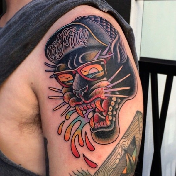 Traditional Panther Tattoo On Left Shoulder