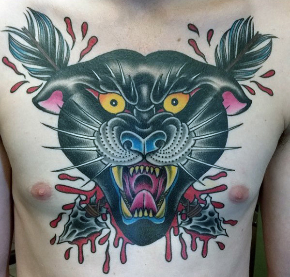 Traditional Panther Tattoo On Man Chest