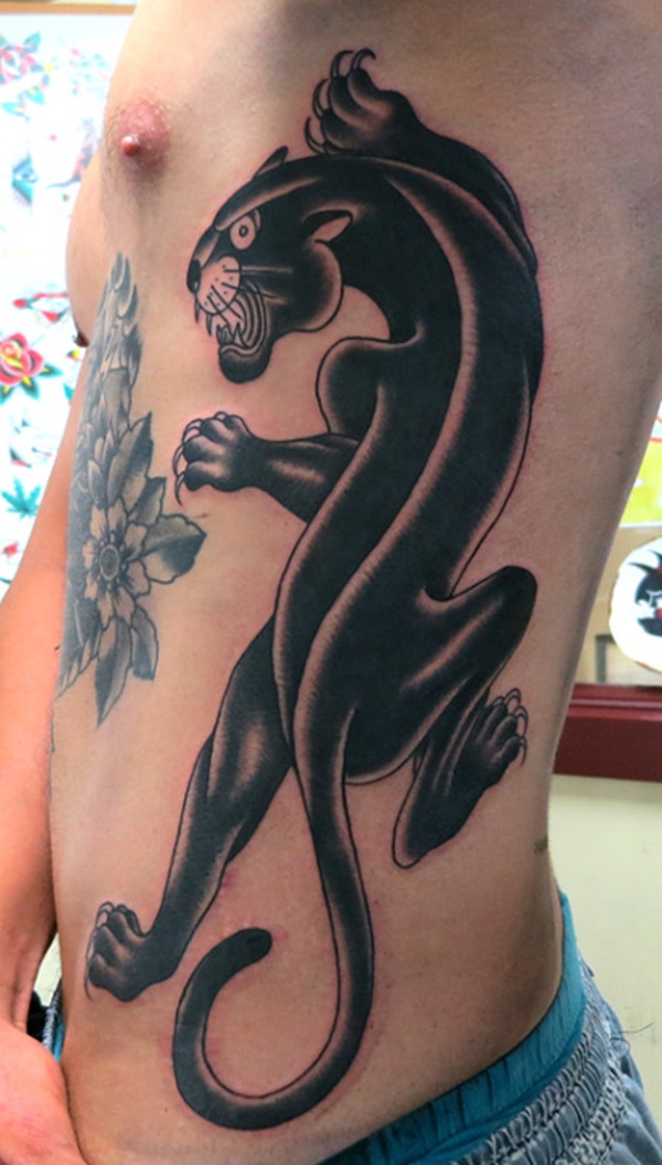 Traditional Panther Tattoo On Man Rib Side
