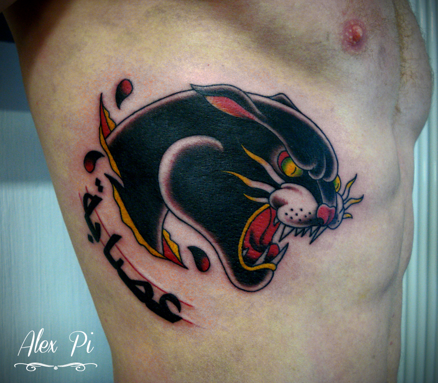 Traditional Panther Tattoo On Man Side Rib