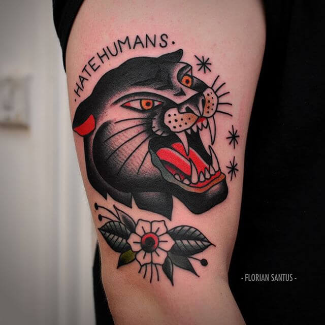 Traditional Panther Tattoo On Right Bicep