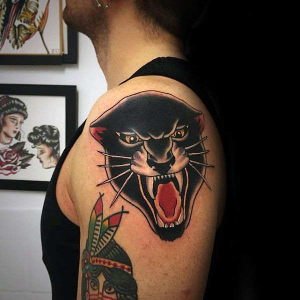 Traditional Panther Tattoo On Shoulder