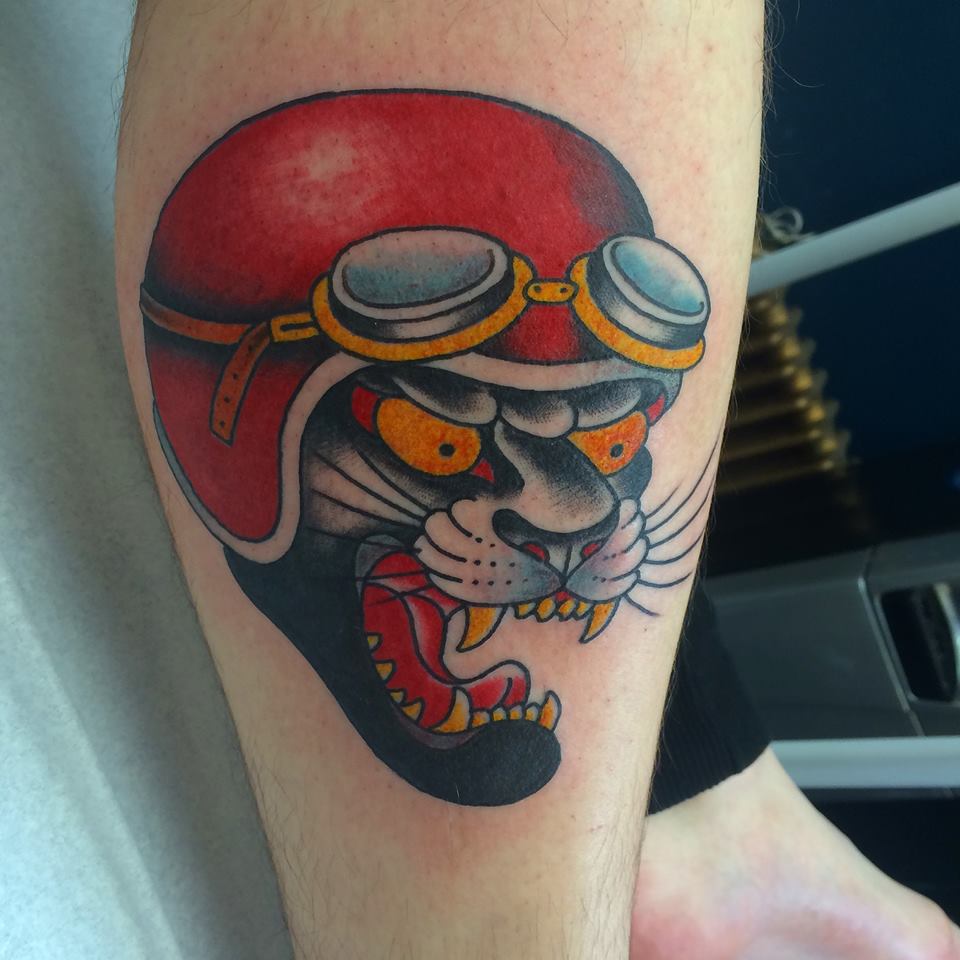 Traditional Panther With Helmet Tattoo On Leg
