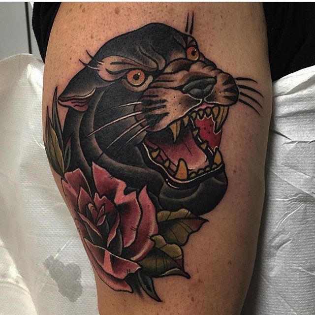 Traditional Rose And Angry Panther Tattoo On Leg