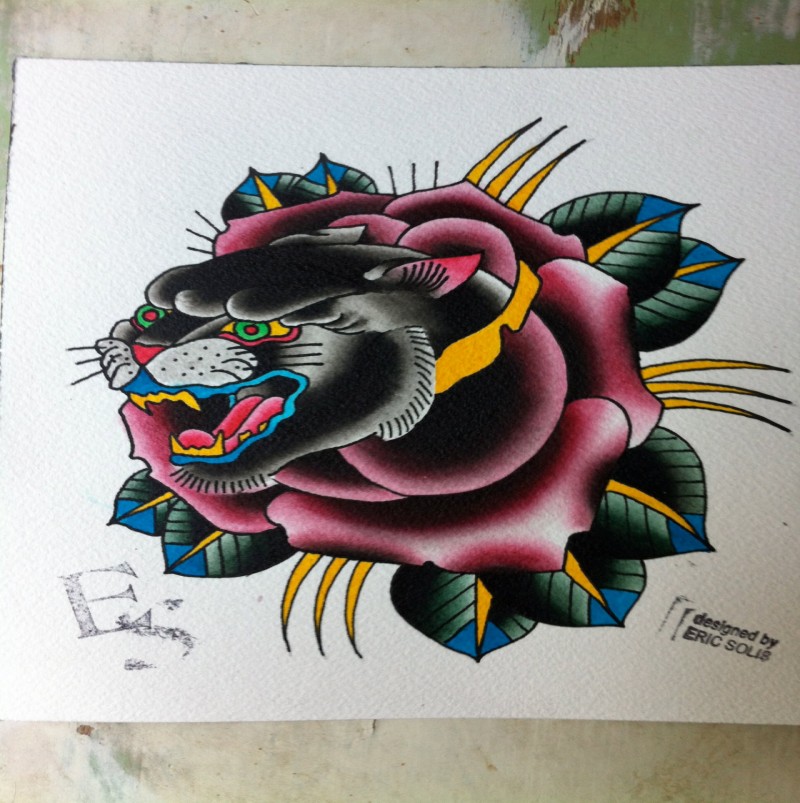 Traditional Rose And Panther Head Tattoo Design