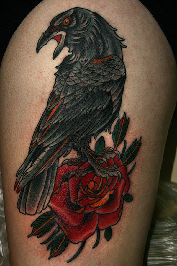 Traditional Rose And Raven Tattoo On Side Thigh
