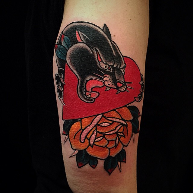 Traditional Yellow Rose And Panther Tattoo