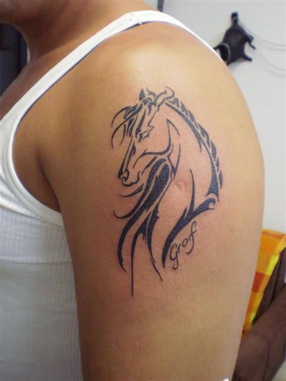 Tribal Black Horse Head Tattoo On Shoulder