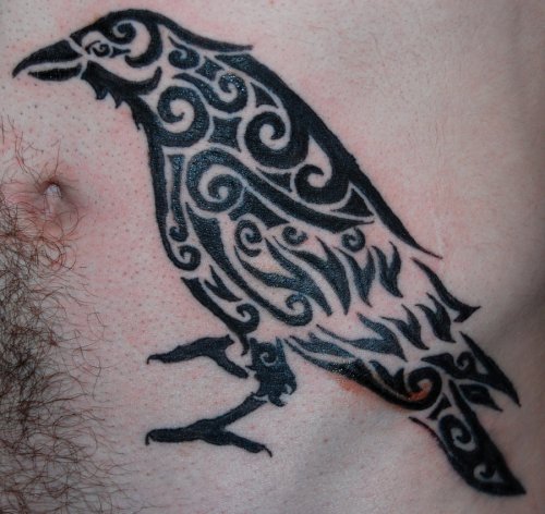 Tribal Raven Tattoo On Man Side Rib