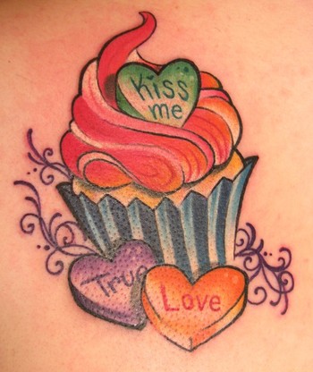 True Love And Kiss Me Candies With Cupcake Tattoo
