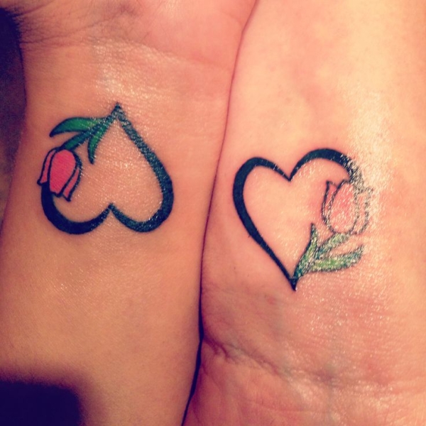 Tulip Flowers And Heart Tattoos On Wrists