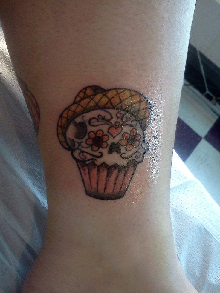 Unique Sugar Skull Cupcake Tattoo On Side Leg