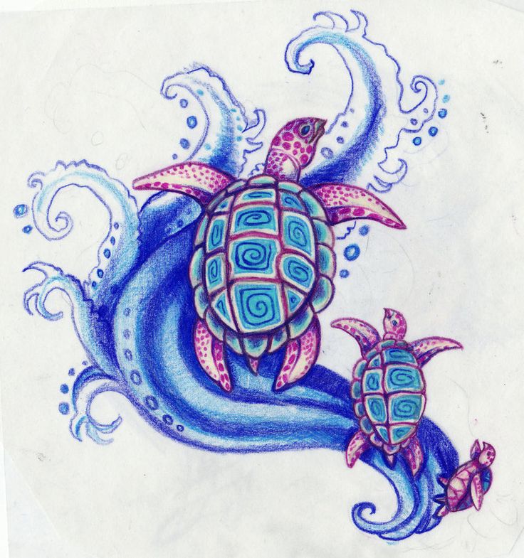 Water Waves And Turtle Tattoo Design