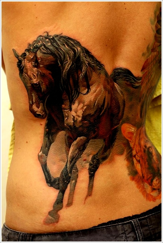 Watercolor 3D Horse Tattoo On Back