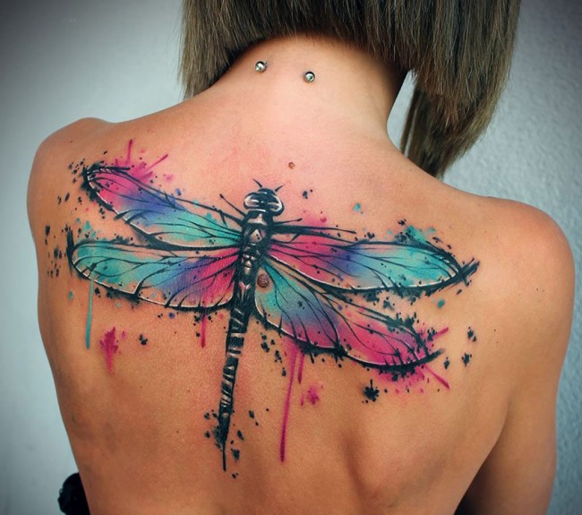 Watercolor Big Dragonfly Tattoo On Upper Back