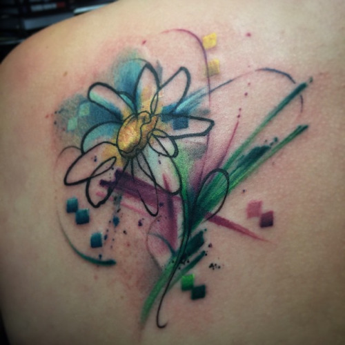 Watercolor Daisy Flower Tattoo On Left Back Shoulder