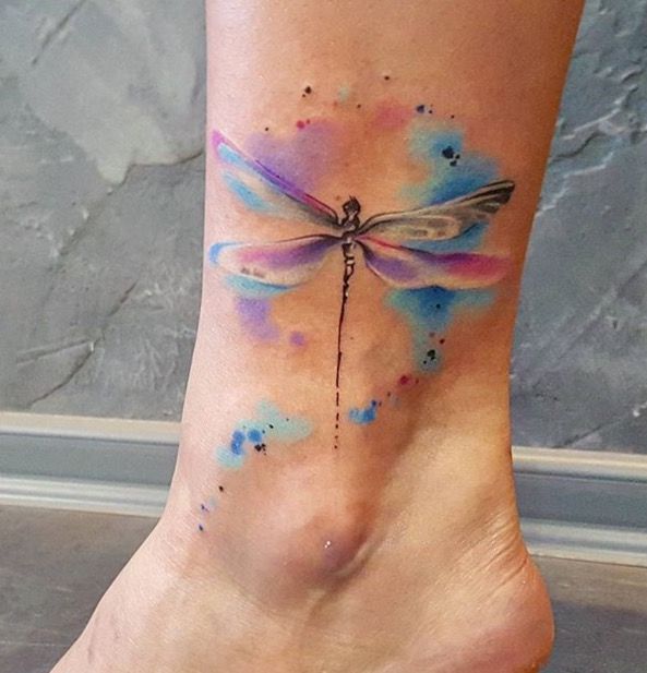 Watercolor Dragonfly Tattoo On Ankle