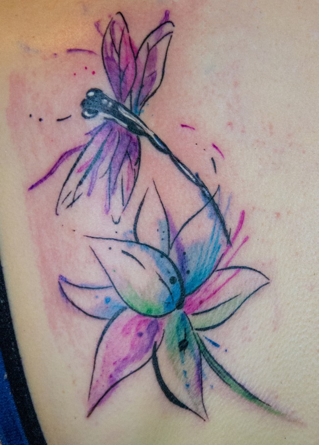 Watercolor Flower And Dragonfly Tattoo On Leg Sleeve
