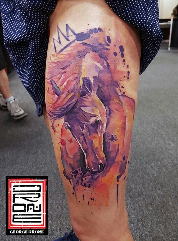 Watercolor Horse Head Tattoo On Leg Sleeve