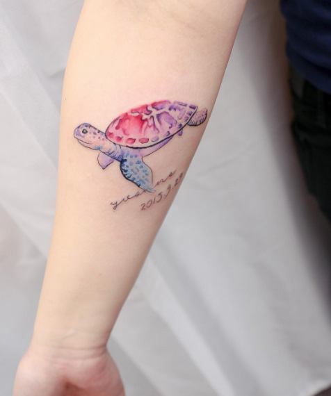 Watercolor Memorial Sea Turtle Tattoo On Right Forearm
