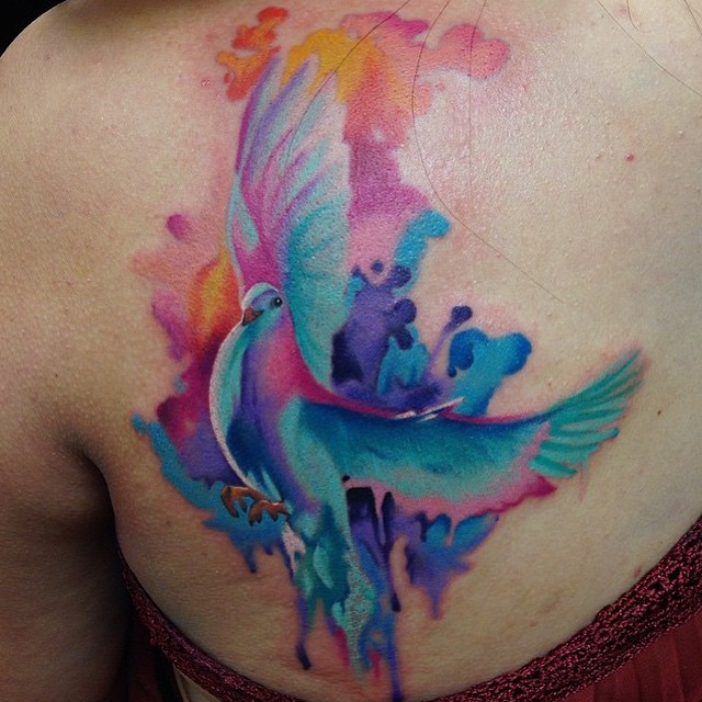 Watercolor Peace Dove Tattoo On Left Back Shoulder