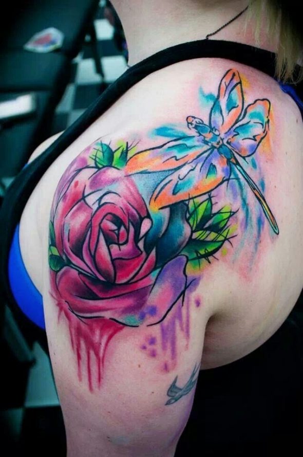 Watercolor Rose Flower And Blue Dragonfly Tattoo On Left Shoulder