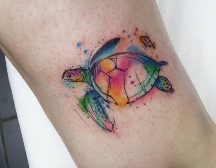 Watercolor Sea Turtle Tattoo On Side Arm