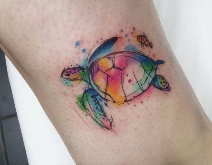 Watercolor Turtle Tattoo On Arm Sleeve