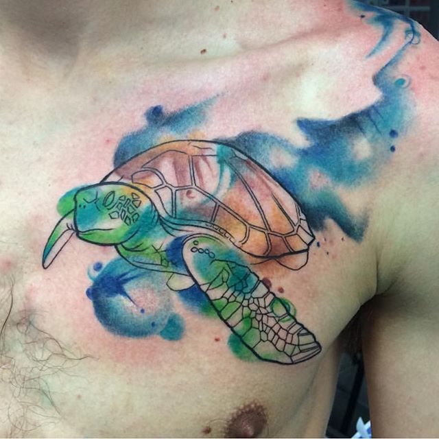 Watercolor Turtle Tattoo On Man Chest