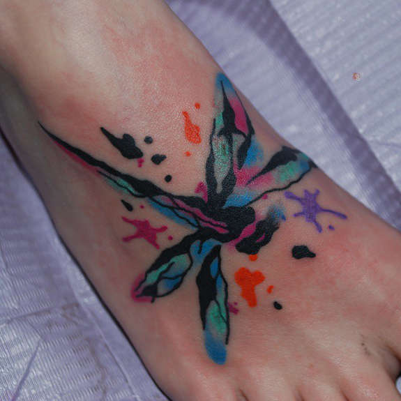 Watercolors Dragonfly Tattoo On Right Foot