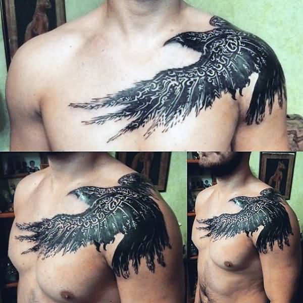 White And Black Raven Tattoos On Left Shoulder