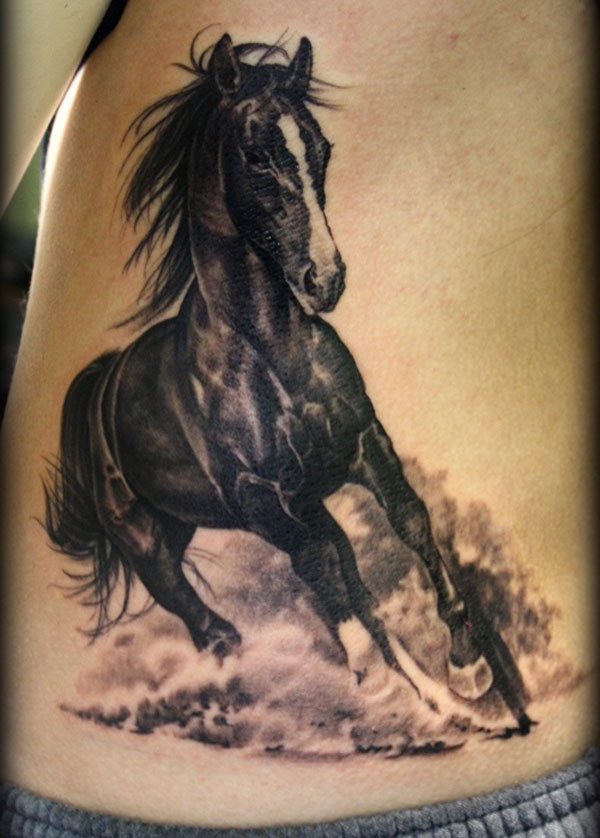 White And Black Running 3D Horse Tattoo On Side Rib