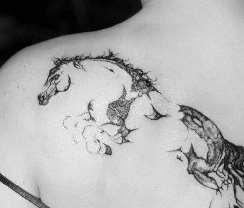 White And Grey Horse Tattoo On Left Back Shoulder