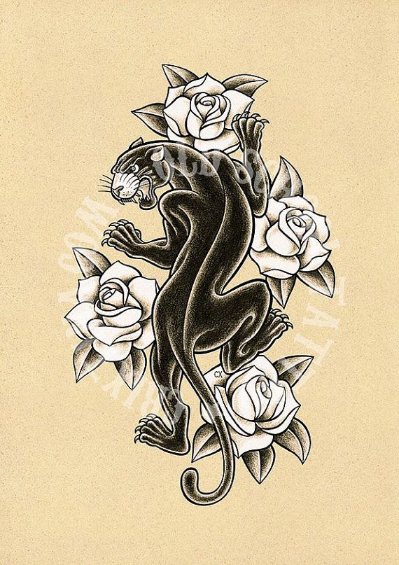 White Roses And Black Panther Tattoo Design