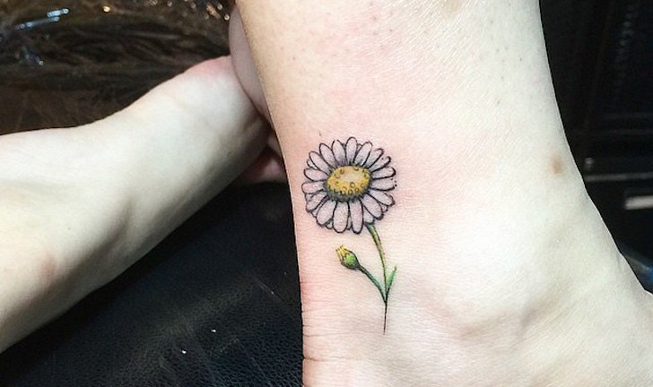 White Small Small Daisy Tattoo On Ankle