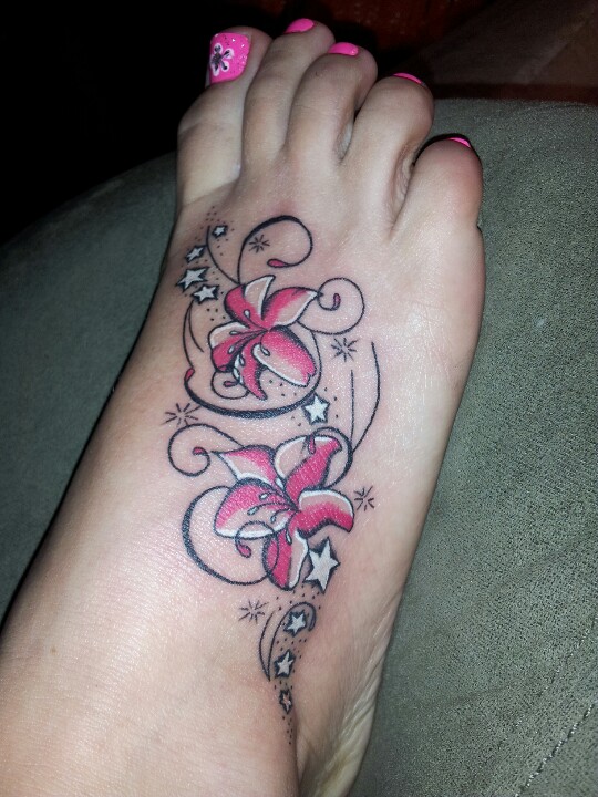 White Stars and Lily Flower Tattoo On Right Foot