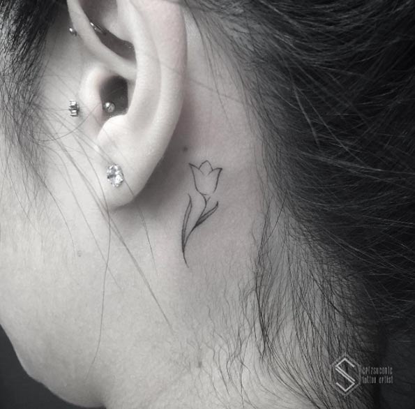 White Tulip Flower Tattoo Behind The Ear