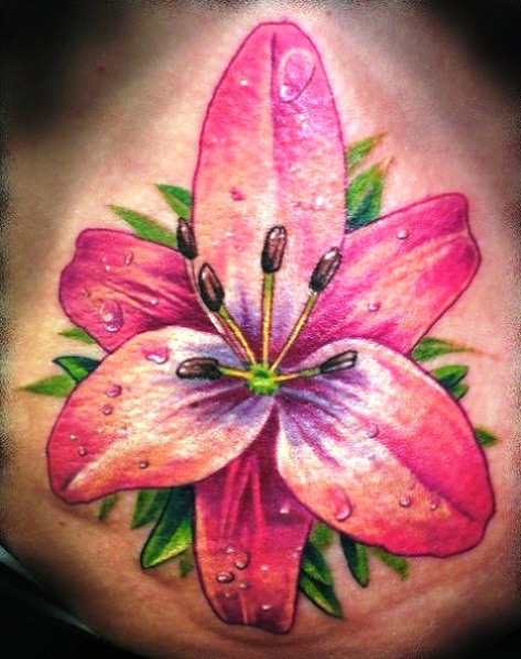 White and Pink Lily Flower Tattoo On Belly