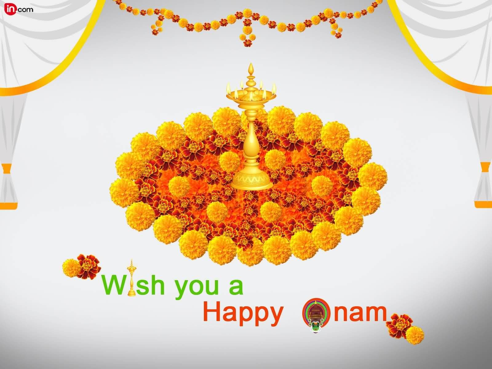 Wish You A Happy Onam Flowers And Candle Decoration