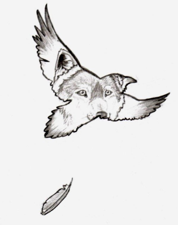 Wolf Face In Flying Raven Tattoo Design