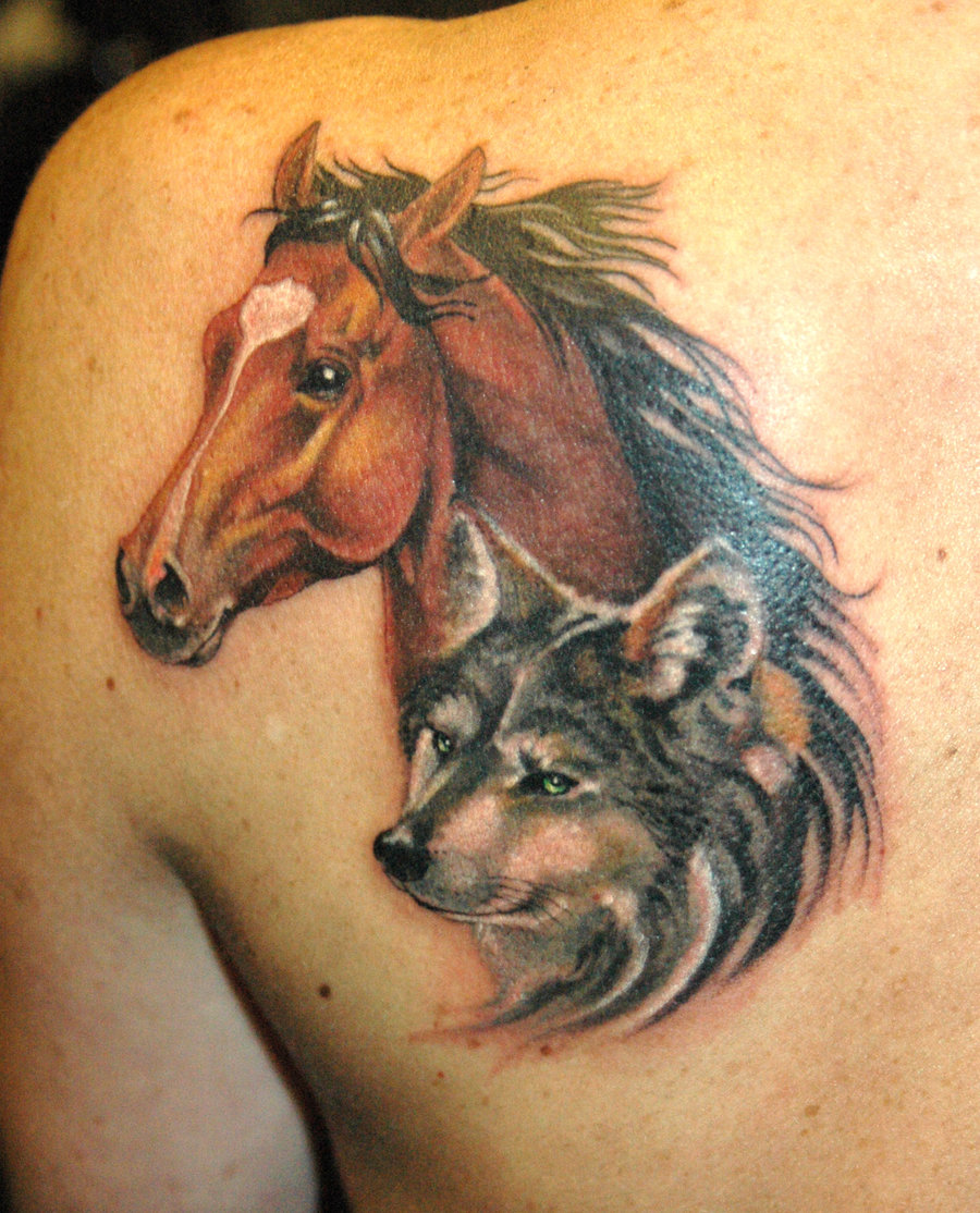 Wolf Head And Horse Head Tattoos On Back Shoulder