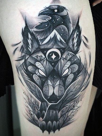 Wolf Head And Raven Tattoo On Half Sleeve