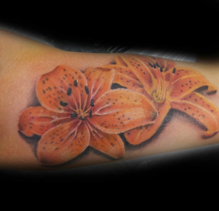 Yellow And Orange Realistic Lily Tattoo On Arm Sleeve
