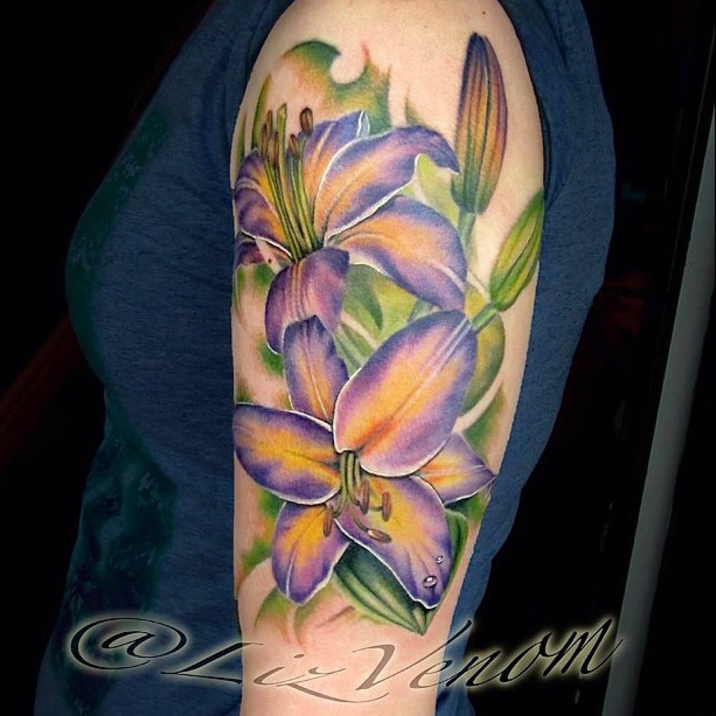 Yellow And Purple Ink Lily Flowers Tattoo by Liz Venom