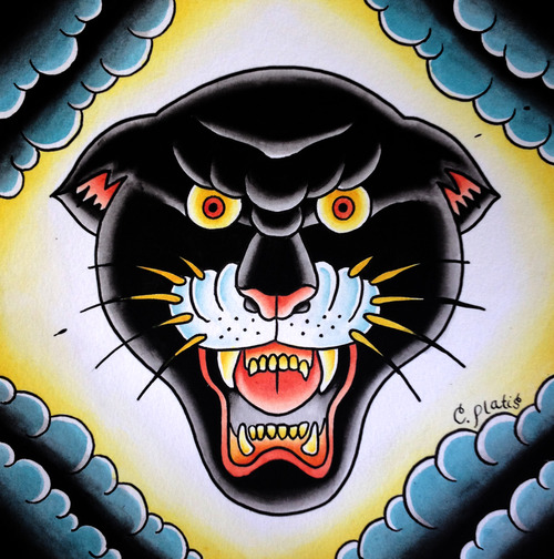 Yellow Eyes Angry Black Traditional Panther Tattoo Design