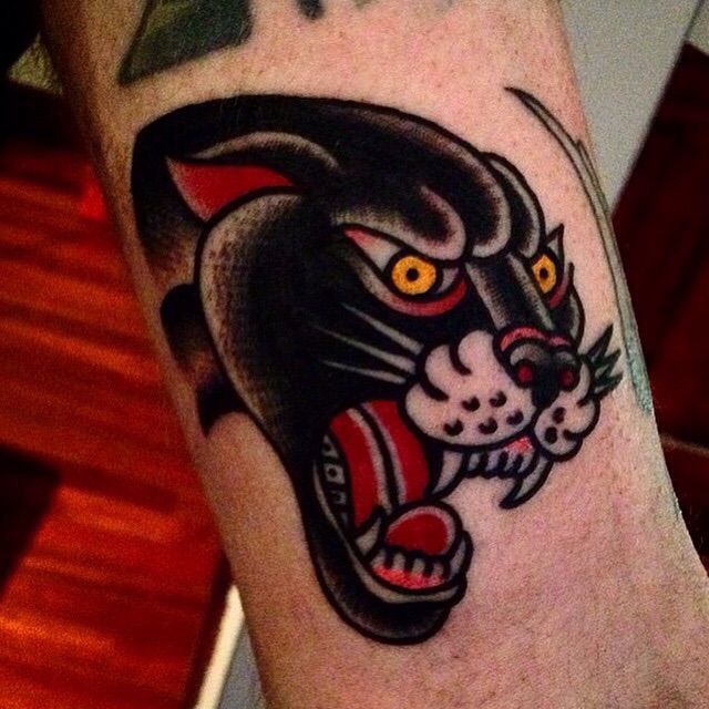 Yellow Eyes Black Panther Tattoo On Arm Sleeve