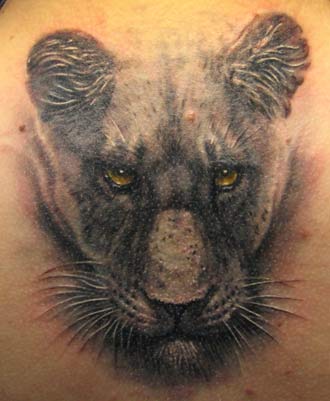 Yellow Eyes Grey Ink Panther Head Tattoo