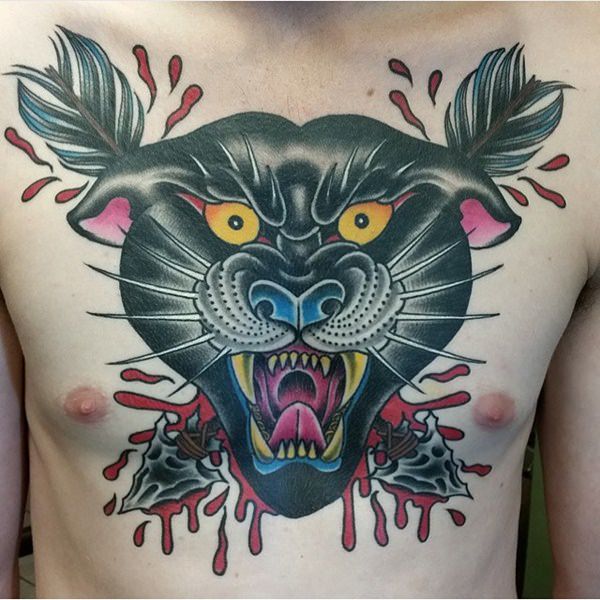 Yellow Eyes Panther Head Tattoo On Chest