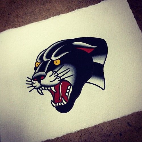 Yellow Eyes Traditional Panther Head Tattoo Design