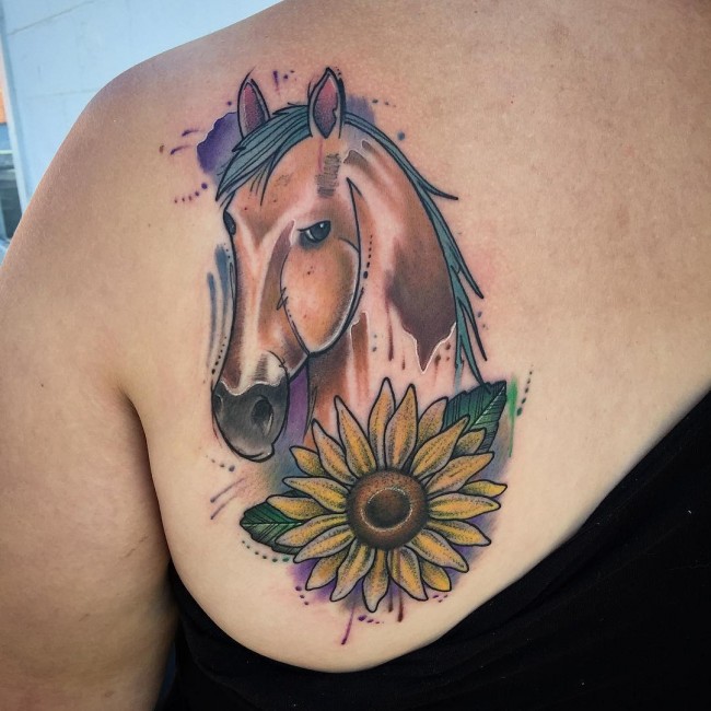 Yellow Flower And Horse Tattoo On Left Back Shoulder